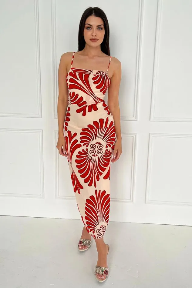 AX Paris Burnt Orange Abstract Print Cowl Neck Ruched Side Strappy Midi Dress Women Dresses