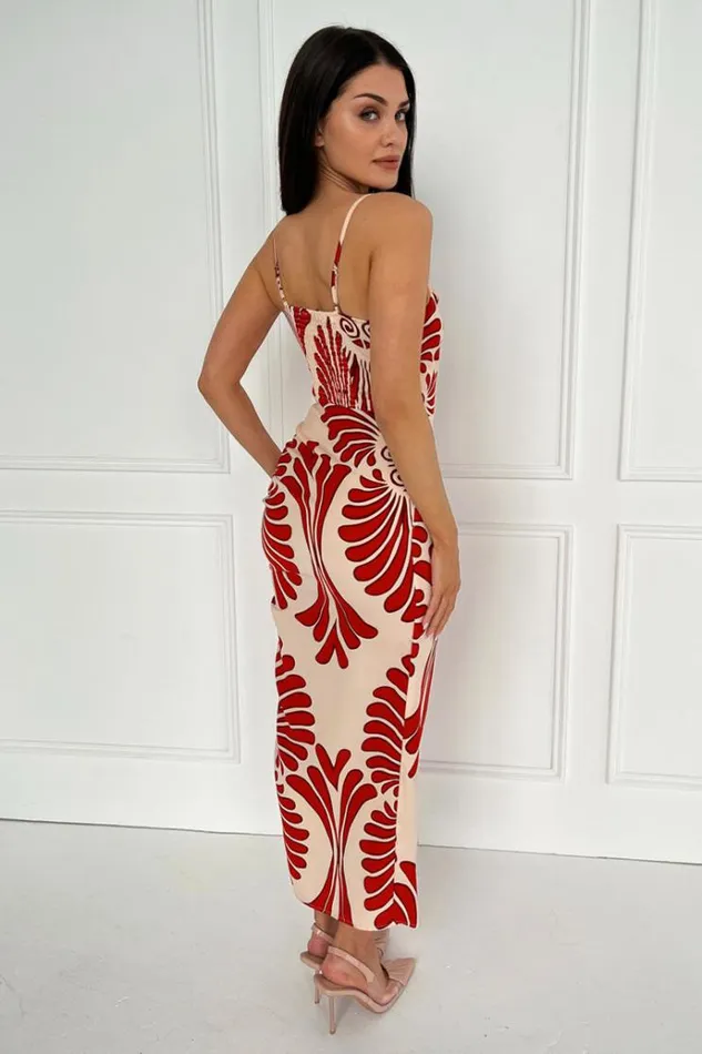 AX Paris Burnt Orange Abstract Print Cowl Neck Ruched Side Strappy Midi Dress Women Dresses