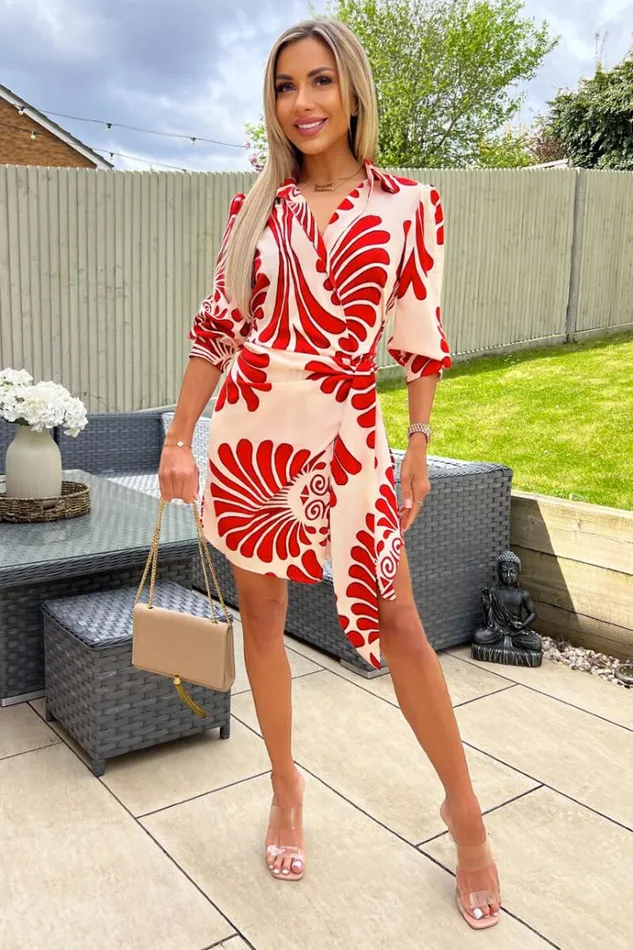 AX Paris Burnt Orange Abstract Print Gathered Wrap Shirt Mini Dress Women Dresses AX Paris Burnt Orange Abstract Print Gathered Wrap Shirt Mini Dress Women Dresses
