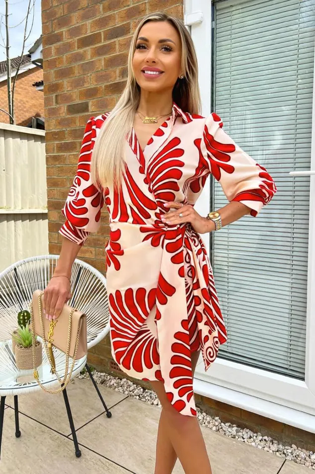 AX Paris Burnt Orange Abstract Print Gathered Wrap Shirt Mini Dress Women Dresses