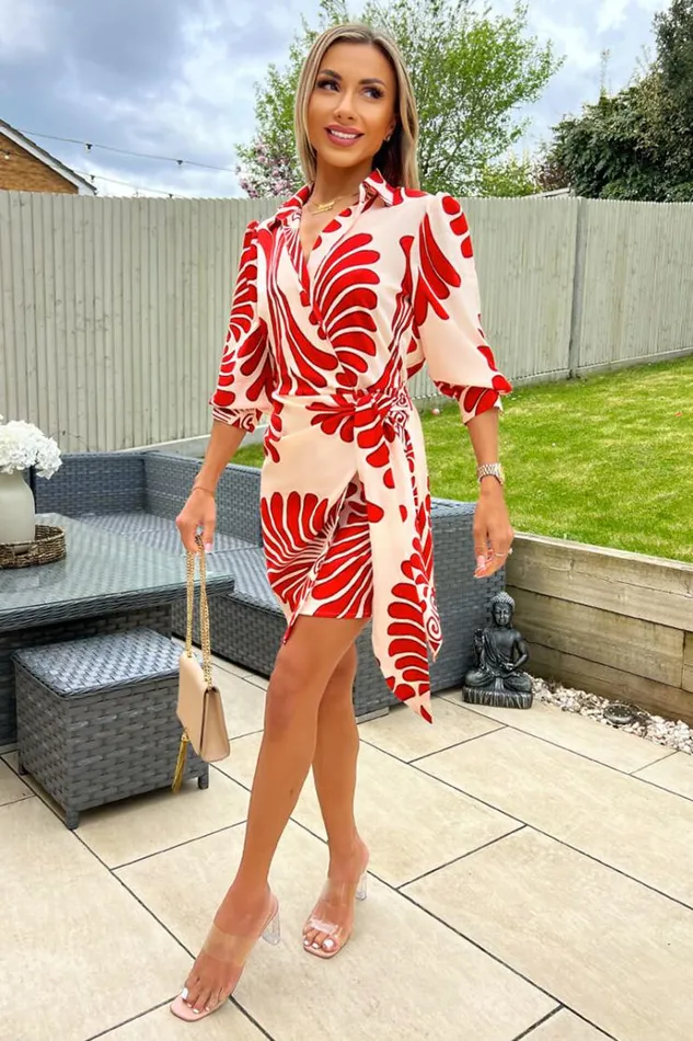 AX Paris Burnt Orange Abstract Print Gathered Wrap Shirt Mini Dress Women Dresses