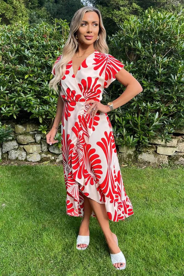 AX Paris Burnt Orange Abstract Print Wrap Over High Low Frill Hem Midi Dress Women Dresses AX Paris Burnt Orange Abstract Print Wrap Over High Low Frill Hem Midi Dress Women Dresses