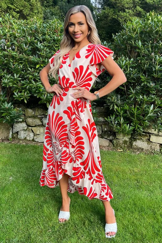 AX Paris Burnt Orange Abstract Print Wrap Over High Low Frill Hem Midi Dress Women Dresses