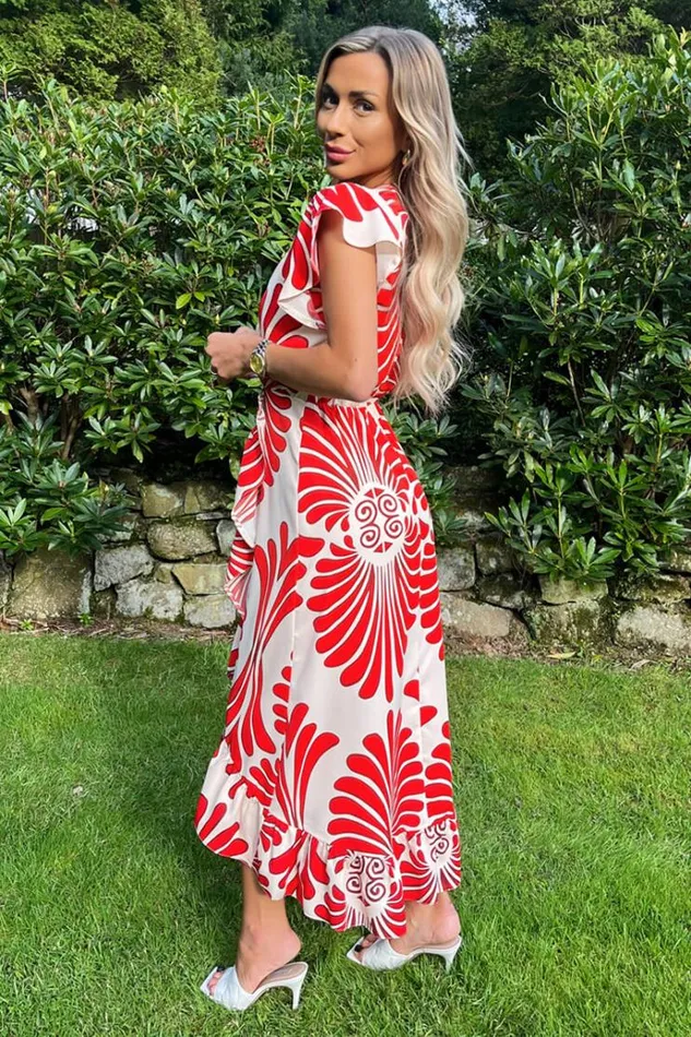 AX Paris Burnt Orange Abstract Print Wrap Over High Low Frill Hem Midi Dress Women Dresses