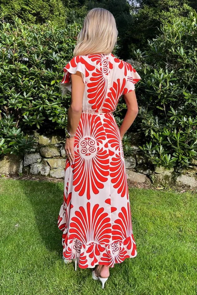AX Paris Burnt Orange Abstract Print Wrap Over High Low Frill Hem Midi Dress Women Dresses