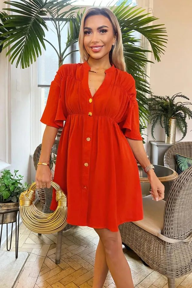 AX Paris Burnt Orange Button Up Ruched Detail Smock Dress Women Dresses