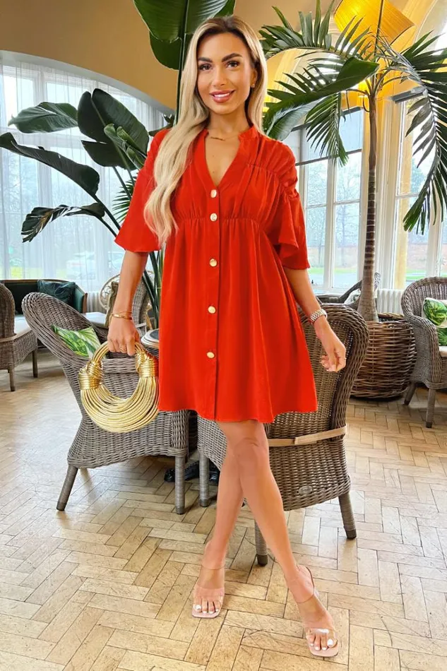 AX Paris Burnt Orange Button Up Ruched Detail Smock Dress Women Dresses
