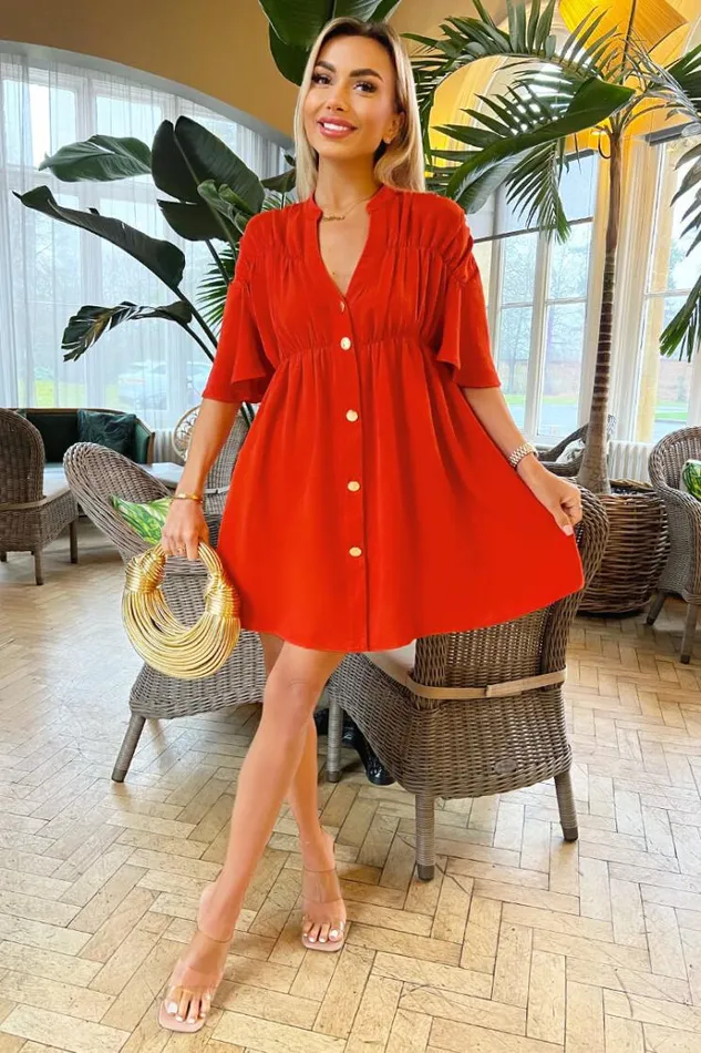 AX Paris Burnt Orange Button Up Ruched Detail Smock Dress Women Dresses