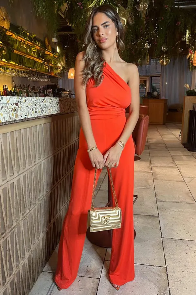 AX Paris Burnt Orange One Shoulder Ruched Top Slinky Jumpsuit Women Jumpsuits And Playsuits