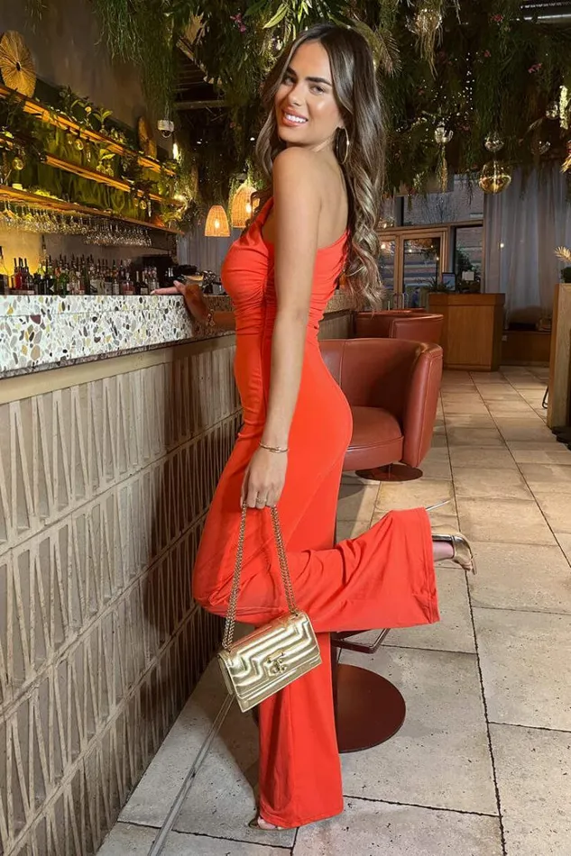 AX Paris Burnt Orange One Shoulder Ruched Top Slinky Jumpsuit Women Jumpsuits And Playsuits