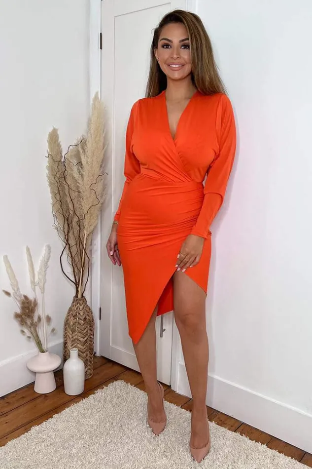 AX Paris Burnt Orange Ruched Side Wrap Top Midi Dress Women Dresses
