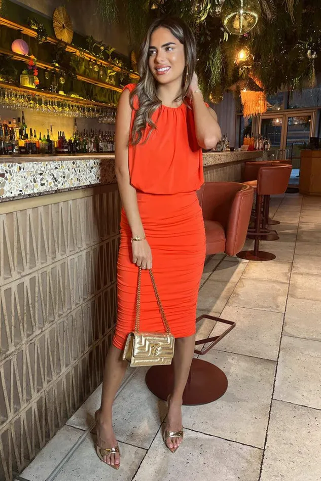 AX Paris Burnt Orange Ruched Skirt Bodycon Midi Dress Women Dresses
