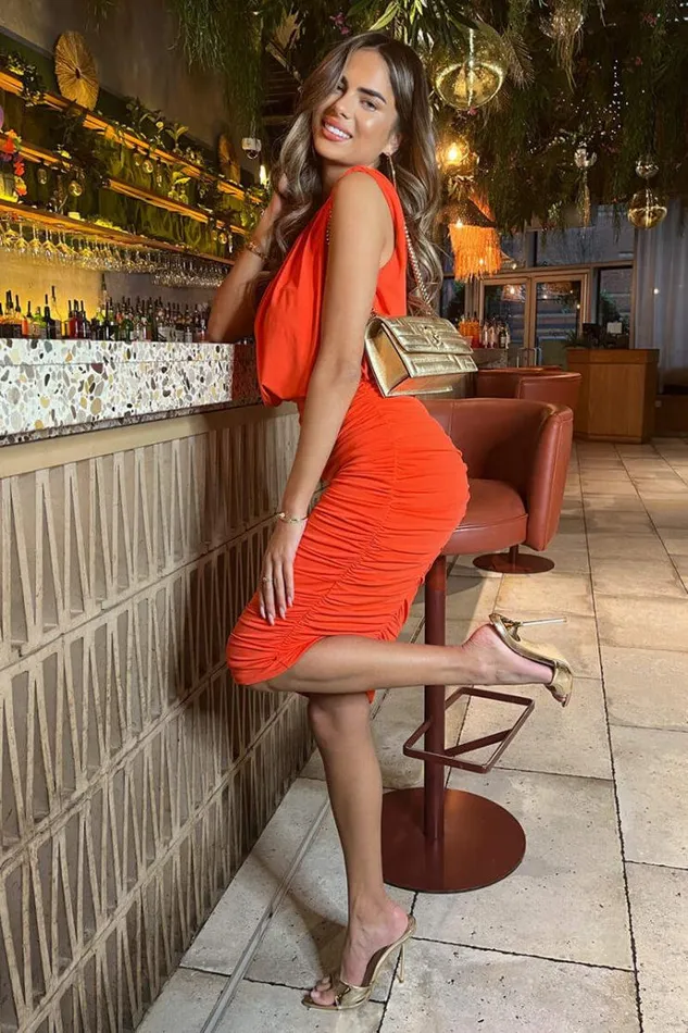 AX Paris Burnt Orange Ruched Skirt Bodycon Midi Dress Women Dresses