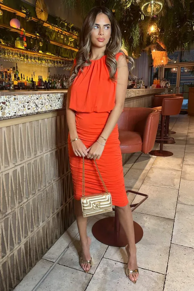 AX Paris Burnt Orange Ruched Skirt Bodycon Midi Dress Women Dresses