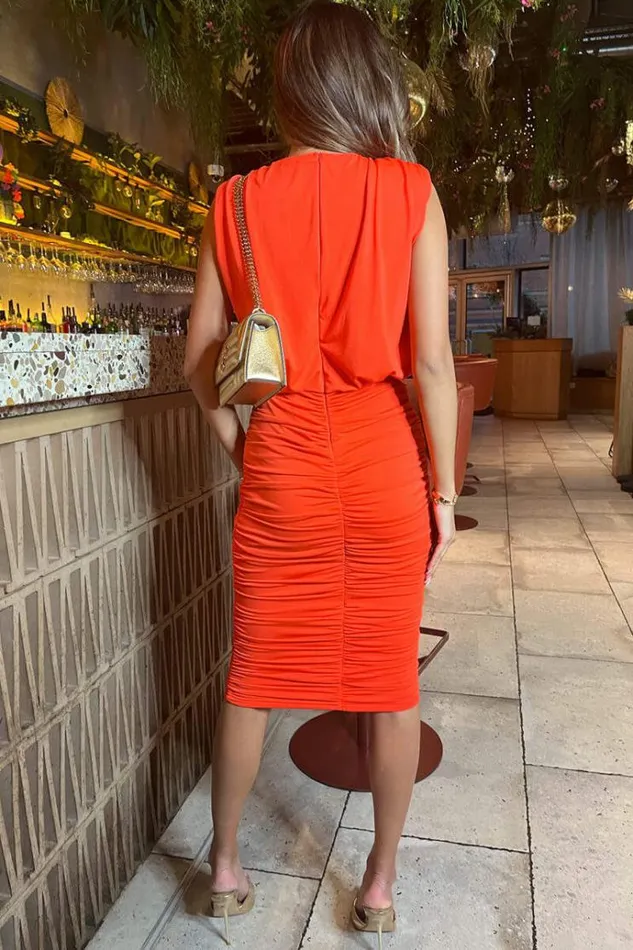 AX Paris Burnt Orange Ruched Skirt Bodycon Midi Dress Women Dresses