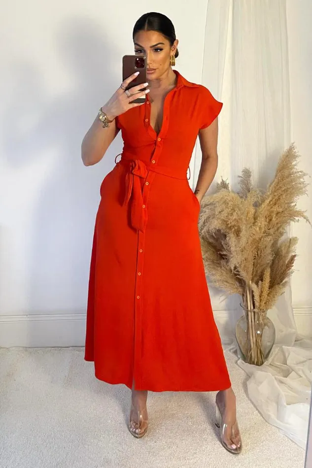 AX Paris Burnt Orange Tie Waist Button Up Midi Dress Women Dresses
