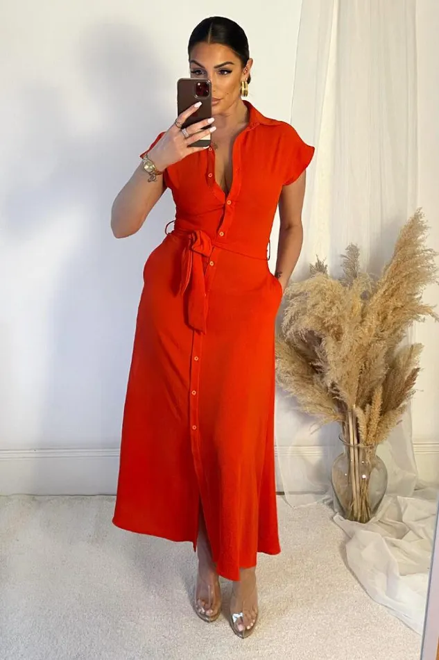 AX Paris Burnt Orange Tie Waist Button Up Midi Dress Women Dresses