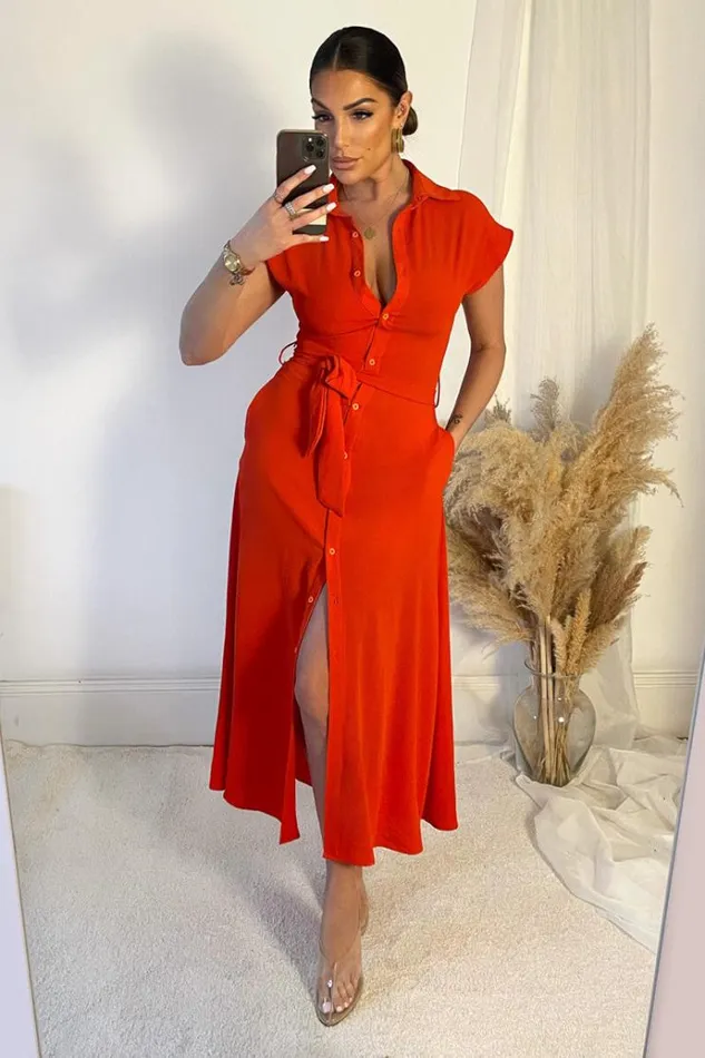 AX Paris Burnt Orange Tie Waist Button Up Midi Dress Women Dresses