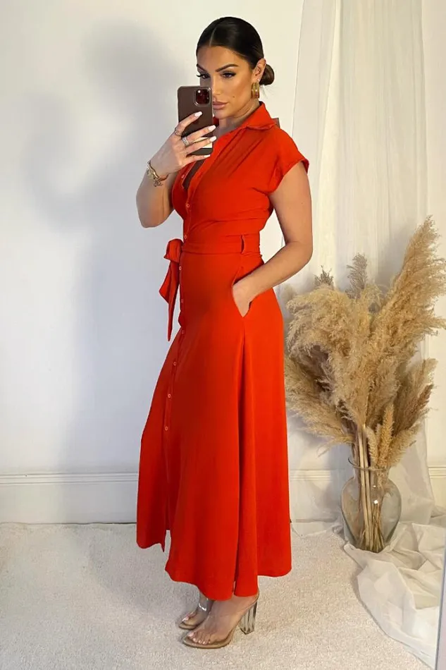 AX Paris Burnt Orange Tie Waist Button Up Midi Dress Women Dresses