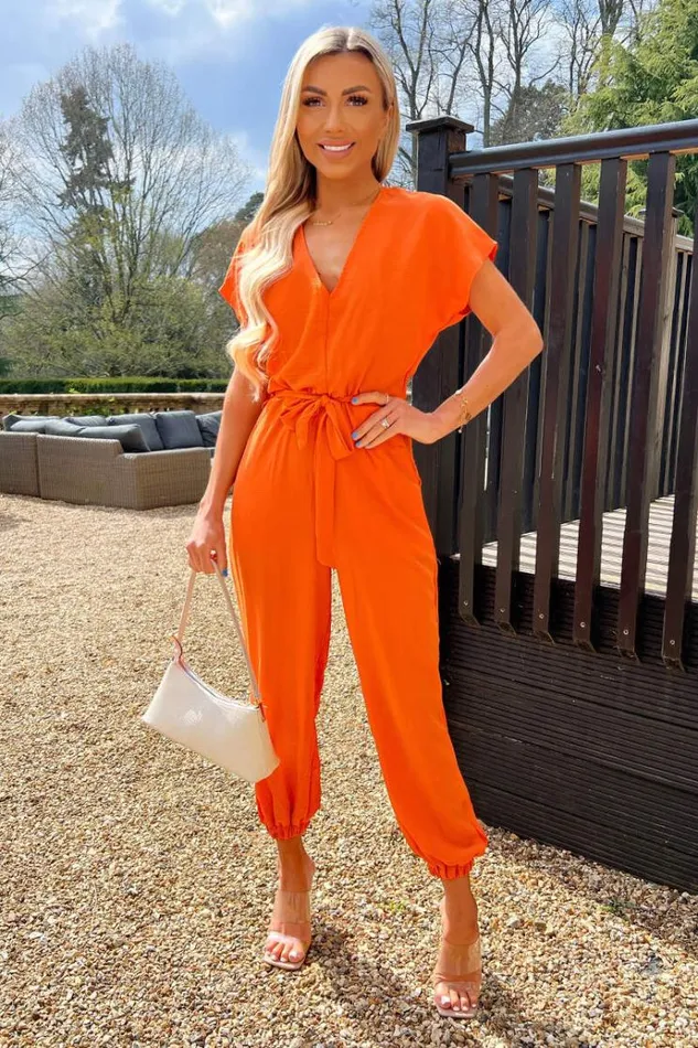 AX Paris Burnt Orange V Neck Short Sleeve Belted Elasticated Cuff Jumpsuit Women Jumpsuits And Playsuits AX Paris Burnt Orange V Neck Short Sleeve Belted Elasticated Cuff Jumpsuit Women Jumpsuits And Playsuits