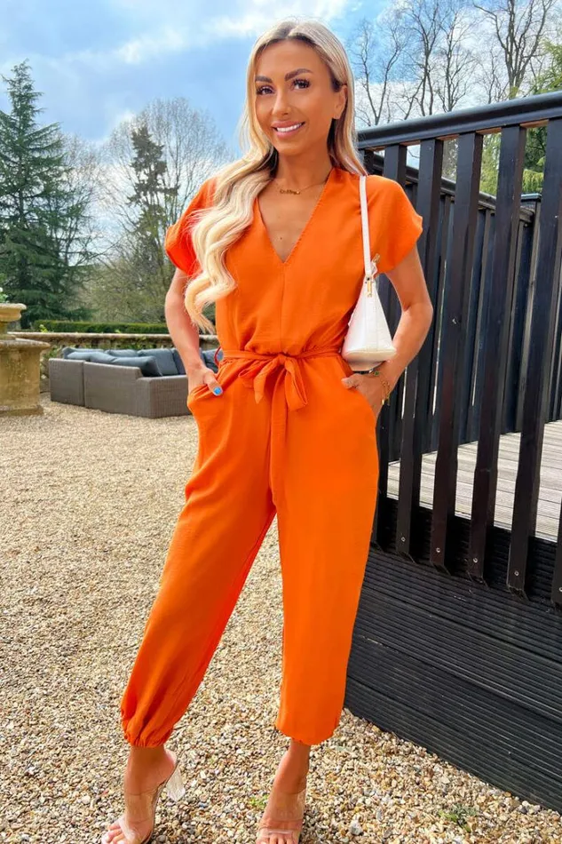 AX Paris Burnt Orange V Neck Short Sleeve Belted Elasticated Cuff Jumpsuit Women Jumpsuits And Playsuits