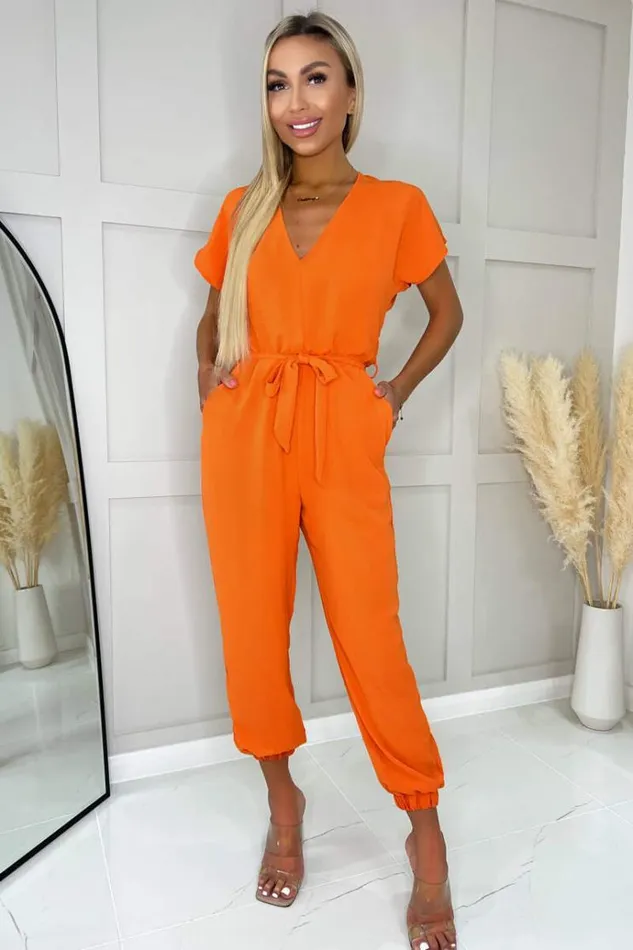 AX Paris Burnt Orange V Neck Short Sleeve Belted Elasticated Cuff Jumpsuit Women Jumpsuits And Playsuits