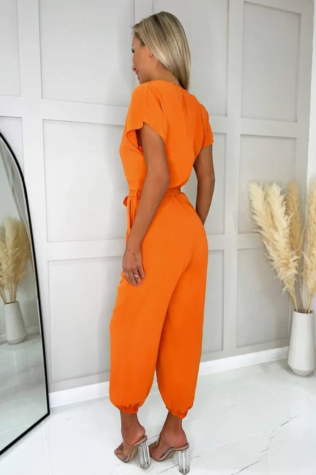 AX Paris Burnt Orange V Neck Short Sleeve Belted Elasticated Cuff Jumpsuit Women Jumpsuits And Playsuits