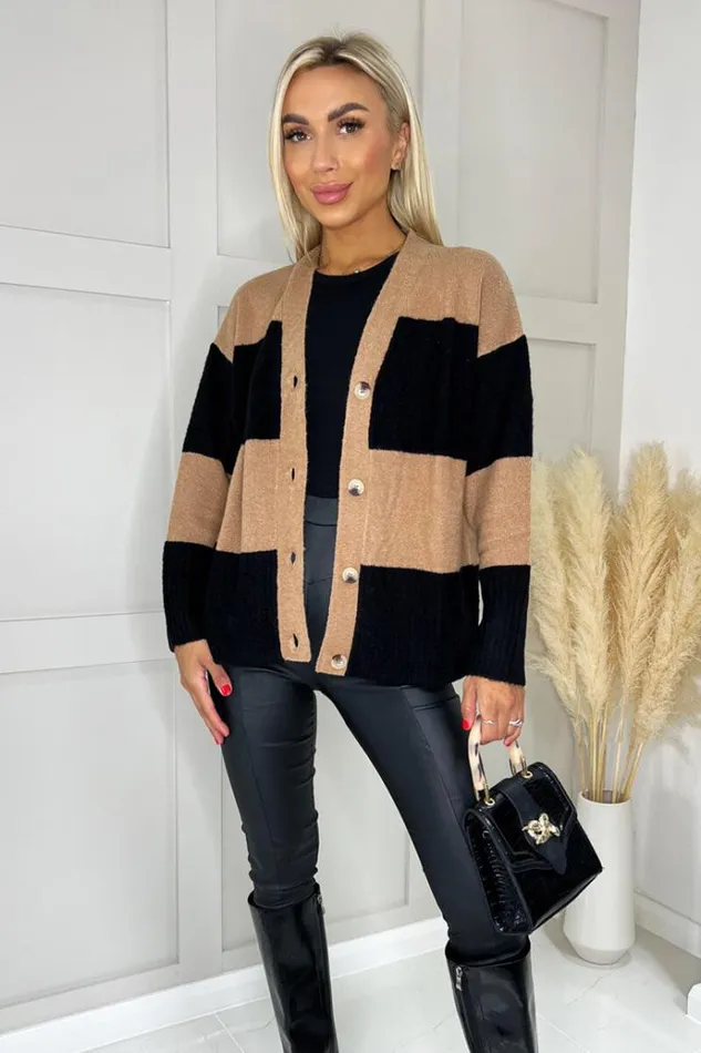 AX Paris Camel And Black Button Up Stripe Cardigan Women Tops
