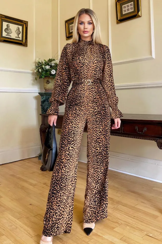 AX Paris Camel Animal Belted Frill Cuff Sleeve Jumpsuit Women Dresses
