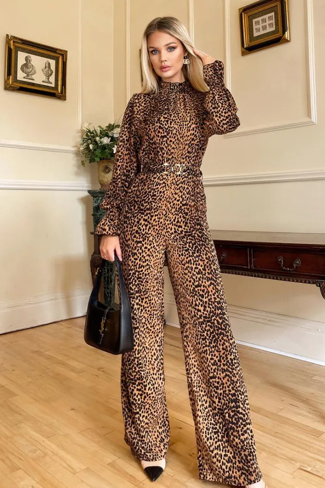 AX Paris Camel Animal Belted Frill Cuff Sleeve Jumpsuit Women Dresses