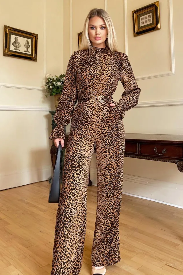 AX Paris Camel Animal Belted Frill Cuff Sleeve Jumpsuit Women Dresses