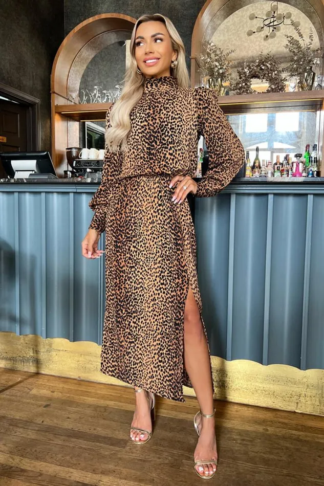AX Paris Camel Animal Print High Neck Long Sleeve Midi Dress Women Dresses