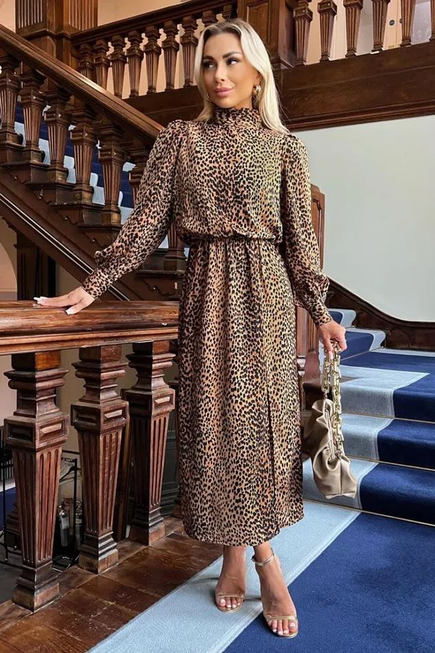 AX Paris Camel Animal Print High Neck Long Sleeve Midi Dress Women Dresses