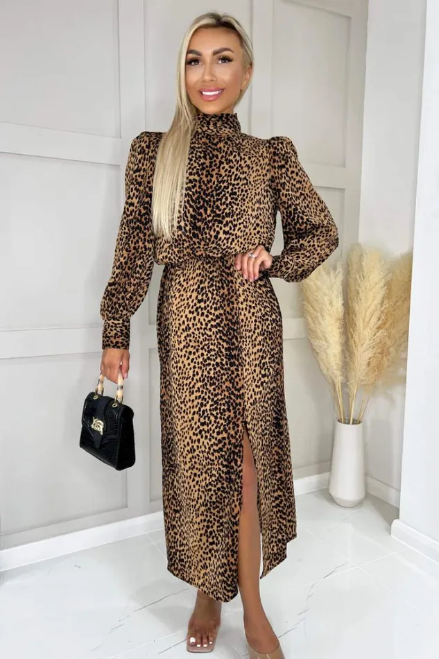 AX Paris Camel Animal Print High Neck Long Sleeve Midi Dress Women Dresses