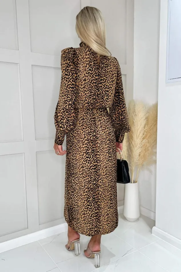 AX Paris Camel Animal Print High Neck Long Sleeve Midi Dress Women Dresses
