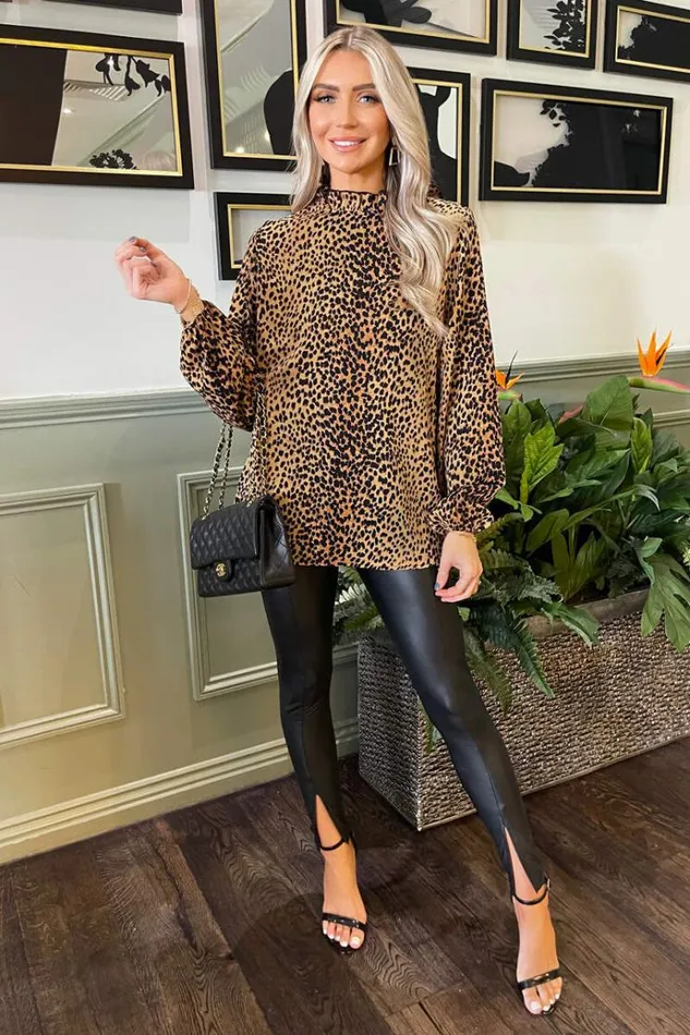 AX Paris Camel Animal Print Long Sleeve Ruffle Neck Top Women Tops