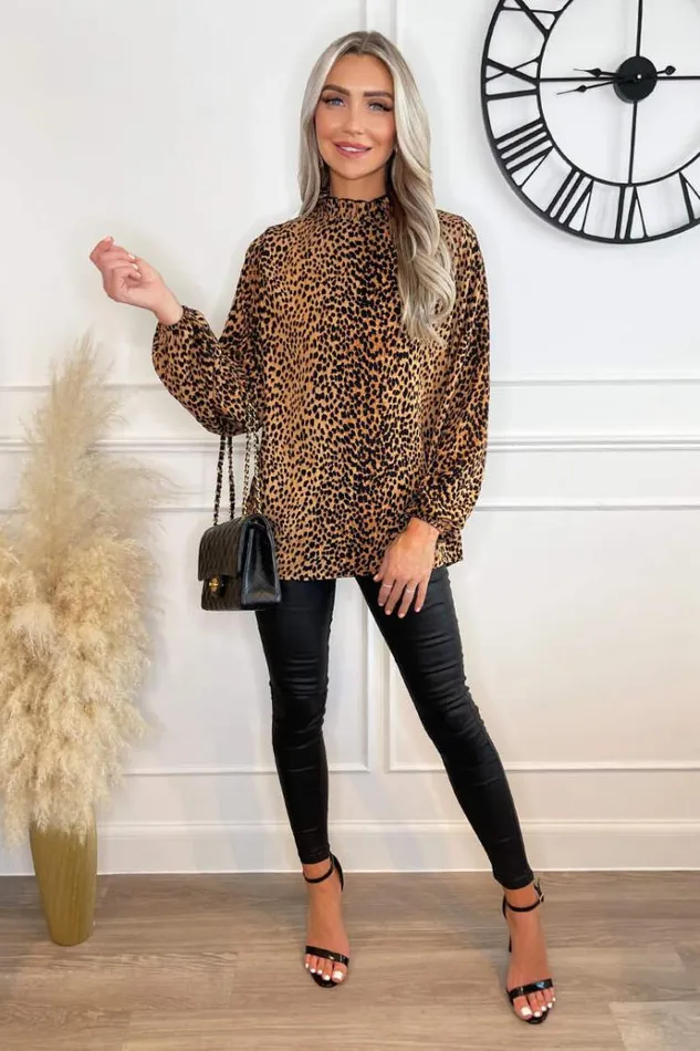 AX Paris Camel Animal Print Long Sleeve Ruffle Neck Top Women Tops