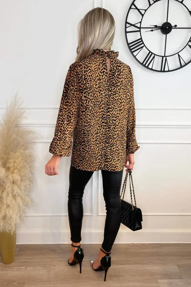 AX Paris Camel Animal Print Long Sleeve Ruffle Neck Top Women Tops