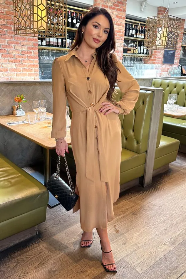 AX Paris Camel Button Front Tie Shirt Midi Dress Women Dresses