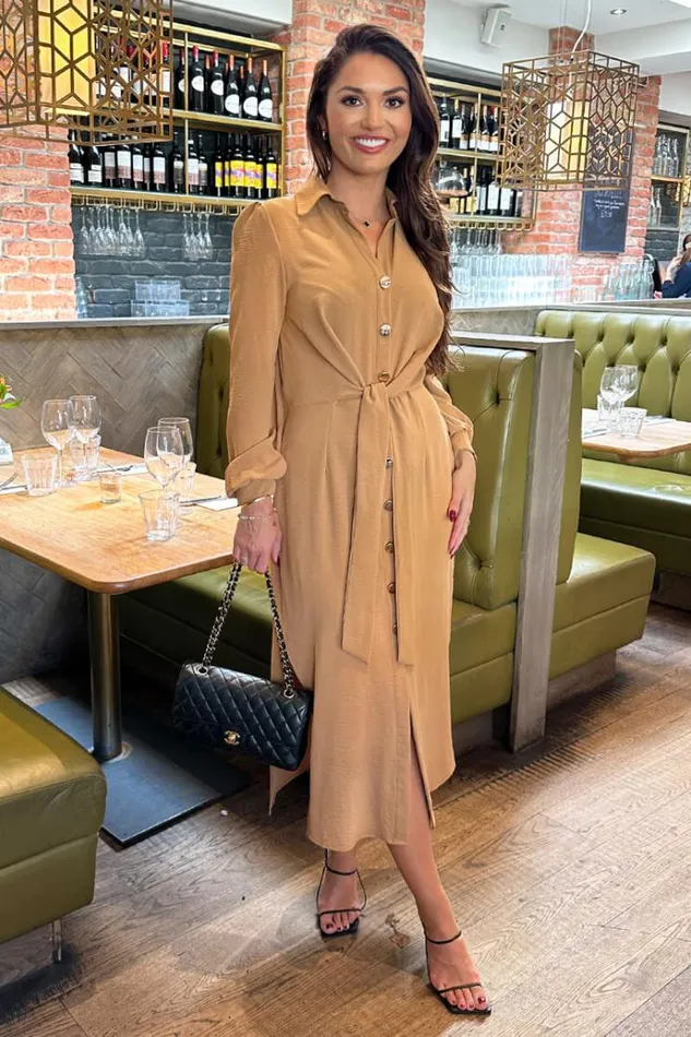 AX Paris Camel Button Front Tie Shirt Midi Dress Women Dresses