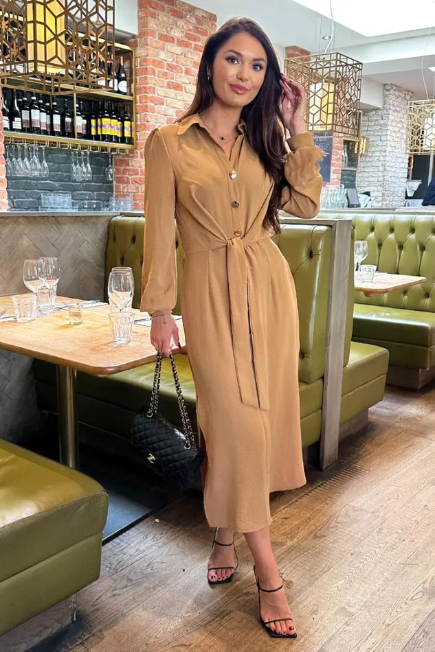 AX Paris Camel Button Front Tie Shirt Midi Dress Women Dresses