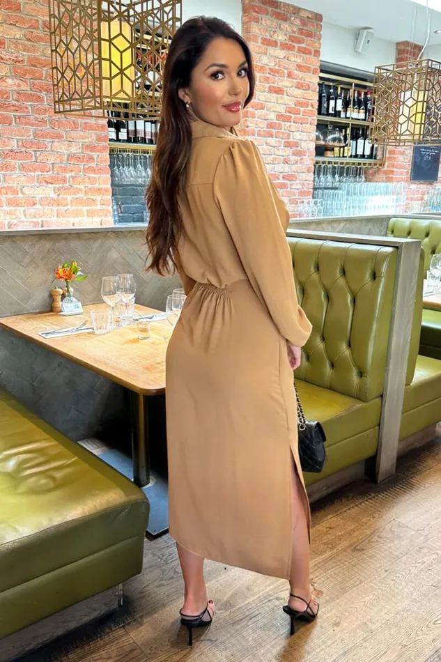AX Paris Camel Button Front Tie Shirt Midi Dress Women Dresses