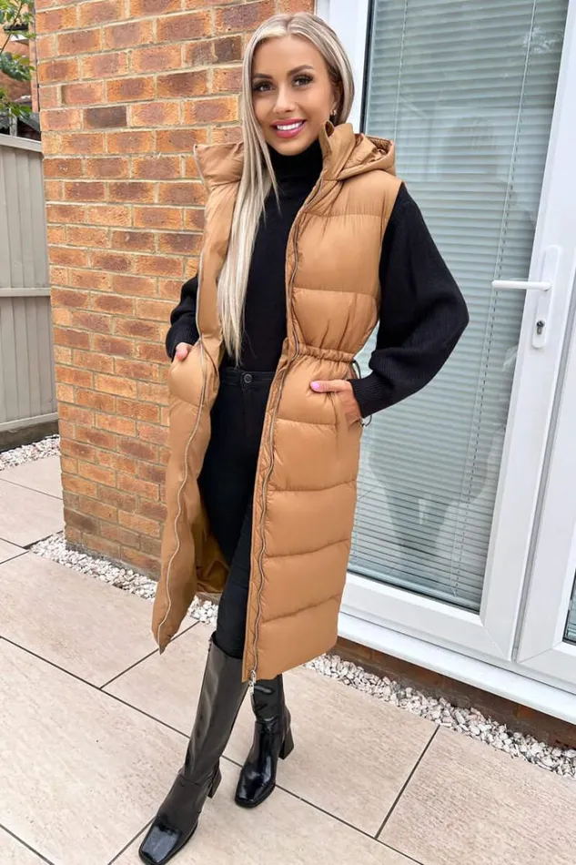 AX Paris Camel Drawstring Waist Puffer Gilet Women Coats and Jackets