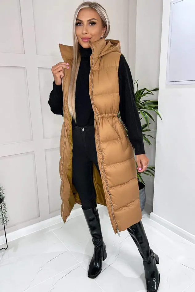 AX Paris Camel Drawstring Waist Puffer Gilet Women Coats and Jackets