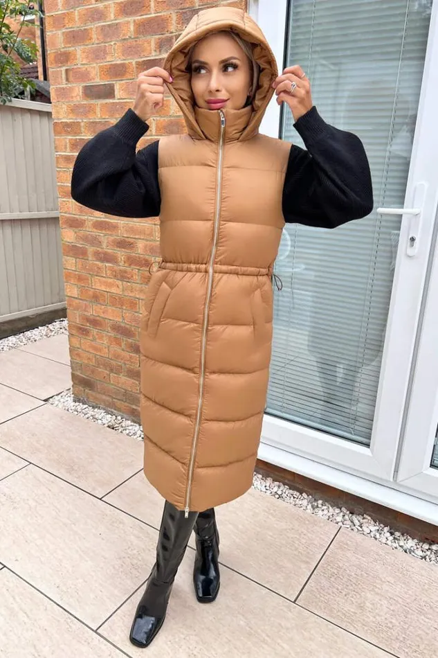 AX Paris Camel Drawstring Waist Puffer Gilet Women Coats and Jackets