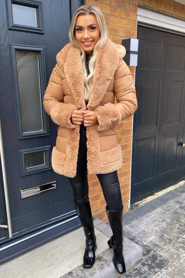 AX Paris Camel Faux Fur Trim Belted Jacket Women Coats and Jackets