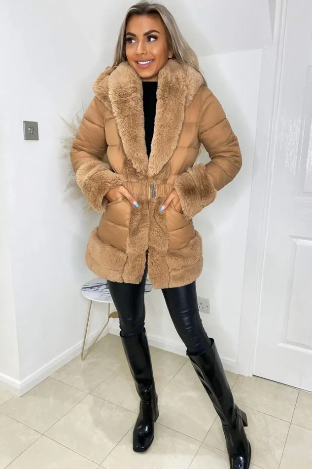 AX Paris Camel Faux Fur Trim Belted Jacket Women Coats and Jackets