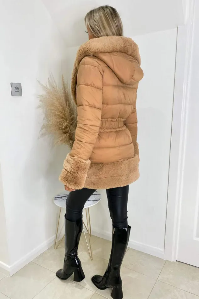 AX Paris Camel Faux Fur Trim Belted Jacket Women Coats and Jackets
