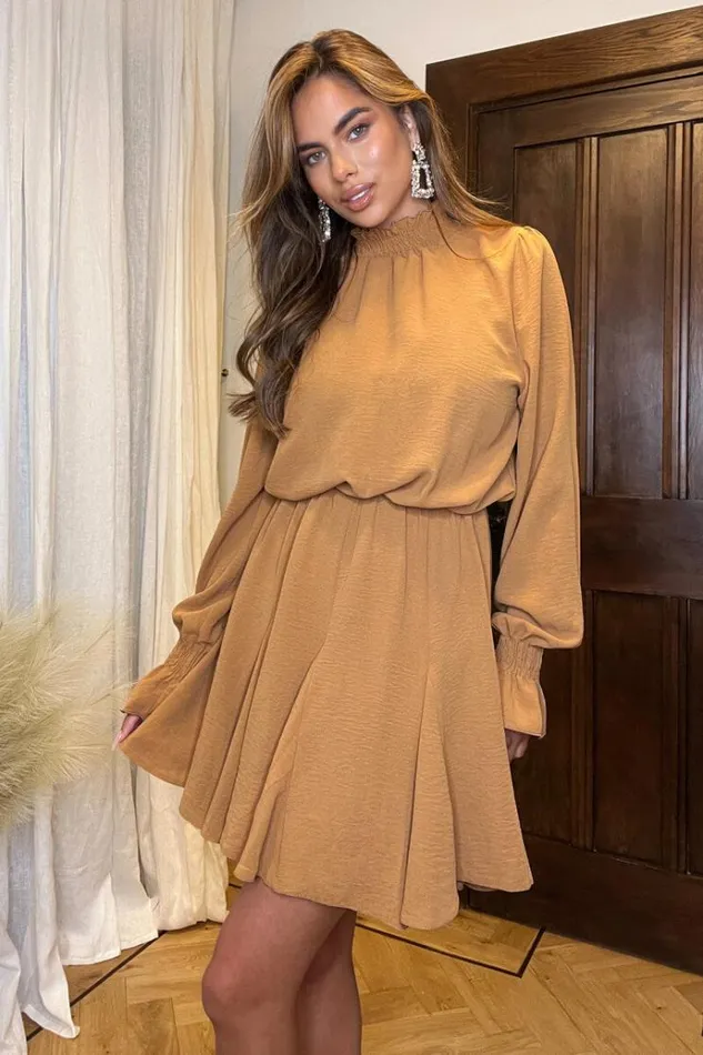 AX Paris Camel High Neck Shirred Detail Skater Dress Women Dresses