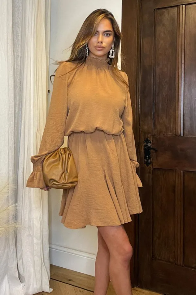 AX Paris Camel High Neck Shirred Detail Skater Dress Women Dresses